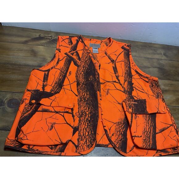 Vintage LL Bean Real Tree Men Vest Large R Orange Camo Hunt Pockets - Picture 8 of 13